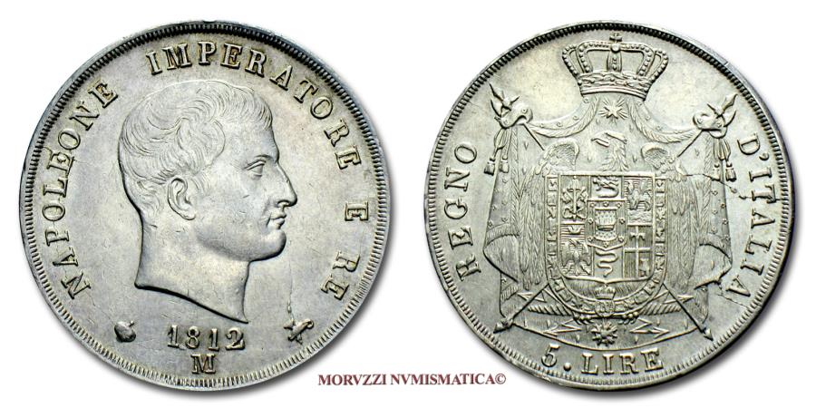 World Coins - NAPOLEON I KING OF ITALY 5 LIRE 1812 M MILAN SILVER 55/70 RARE (Pagani 30a) Italian coin for sale