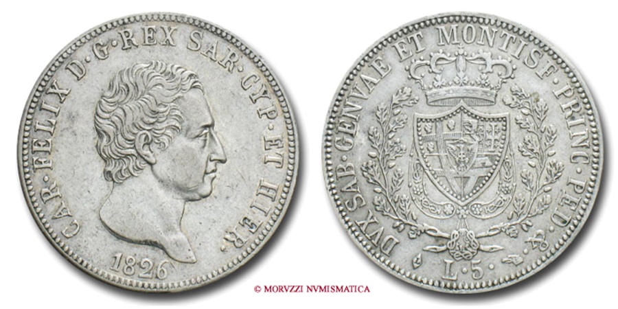 World Coins - Kingdom of Sardinia Charles Felix 5 LIRE 1826 Turin SILVER italian coin