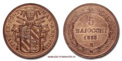 World Coins - Pius IX 5 BAIOCCHI 1853 A VIII 58/70 Papal coin for sale