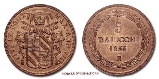 World Coins - Pius IX 5 BAIOCCHI 1853 A VIII 58/70 Papal coin for sale