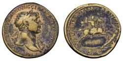 Ancient Coins - TRAJAN. Æ. Sesterce. Trajan, on horseback, felling an enemy. 104 - 110 AD