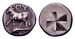 Ancient Coins - Thrace, Byzantion. AR ½ Siglos or Hemidrachm (14mm, 2.46 gram) 4th century BC
