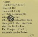 Ancient Coins - Caria, Uncertain. AR Hemiobol (7mm, 0.24 gram) 5th century BC