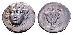 Ancient Coins - Caria. Alabanda (?). AR Drachm (17 mm, 2.01 gram), imitating Rhodes. Mousaios, magistrate