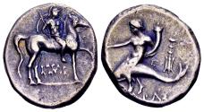 Ancient Coins - Calabria, Tarentum. AR Didrachm or Nomos (22mm, 7.79 gram) c. 272-240 BC, Herakletos, magistrate