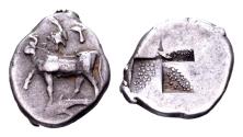 Ancient Coins - Thrace, Byzantion. AR Half Siglos or Hemidrachm (13x15 mm, 2.55 gram) 4th century BC