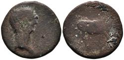 Ancient Coins - Claudius I. Ae, Semis. 41-54 AD. Ebusus mint (Ibiza-Eivissa). Bull advancing to the right. Rare