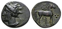 Ancient Coins - CARTHAGE, North Africa. Ae16. Circa 400-350 BC. Tanit and Horse standing to right before palm tree; three pellets before