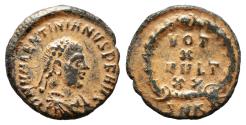 Ancient Coins - VALENTINIAN II. Ae, 1/2 Centenionalis. AD 383-388. Cyzicus mint. VOT / X / MVLT / XX, within wreath in ex. SMKB