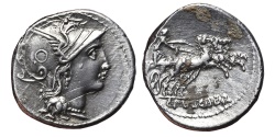 Ancient Coins - C. CLAUDIUS PULCHER. AG, Denarius. 110 BC. Rome mint. Victory in biga.