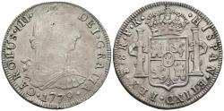 World Coins - CARLOS III. Ar, 8 Reales. 1779. Potosí PR (Bolivia). Assayer letter P rectified. SPANISH COLONAL. Cal-980 var.