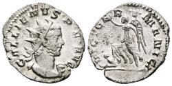 Ancient Coins - GALLIENUS. Ar Antoninianus. AD 258-259. Colonia Agrippinensis. VICT GERMANICA, Victory advancing left, holding wreath and trophy, trampling bound captive seated to left.