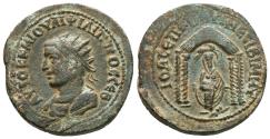 Ancient Coins - PHILIP II. Æ25 of Nisibis, Mesopotamia. AD 247-249. Tyche of Antioch within tetrastyle shrine.