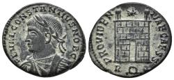 Ancient Coins - CONSTANTINE II. AE, Follis. 326 AD. Rome mint. R (wreath) Q.  PROVIDENTIAE CAESS Campgate with two turrets, star above.