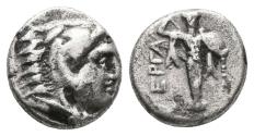 Ancient Coins - MYSIA, Pergamon. Ar, Diobol. Circa 310-282 BC. Head of Herakles right, wearing lion's skin - Archaistic Palladion: statue of Pallas Athena.