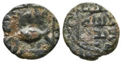 World Coins - UMAYYAD. Ae, Fals. no date, probably Baysân mint. Fish, around muhammad - rasûl - allâh.