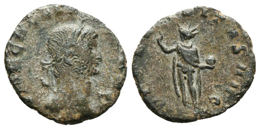 Ancient Coins - GALLIENUS. Denarius. 253-268 AD. Rome mint. AETERNITAS AVG Sol standing left, right hand raised, left holding globe. Rare
