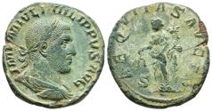Ancient Coins - PHILIP I. Ae, Sestertius. AD 244-249. Rome mint. Spectacular obverse with great expression with a wonderful patina. AEQVITAS AVGG.