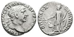Ancient Coins - TRAJAN. Ar Drachm of Bostra, Arabia. Dated RY 16 = AD 114. Arabia holding branch over camel to left and bundle of cinnamon sticks