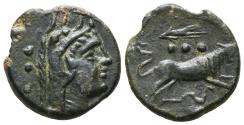Ancient Coins - ROMAN REPUBLIC. Ae, Quadrans. 207-206 BC. Sicily. Head of Hercules & Bull leaping right; three pellets and grain ear above, serpent below