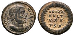 Ancient Coins - LICINIUS I. Æ, Follis. 318-319 AD. Thessalonica mint. VOT XX MVLT •XXX• TS•A• in four lines within laurel wreath.