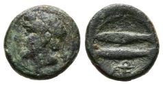 Ancient Coins - SICILY, Leontinoi. AE12. late 2nd - early 1st century BC. head of river god left & Two fish left.