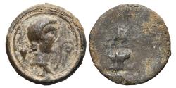 Ancient Coins - OCTAVIAN. Lead Tessera. 32-31 BC. Tarraco mint?. Amphora-Bust-Simpulum /  Lyre. VERY RARE.