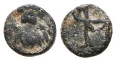 Ancient Coins - VISIGOTHIC KINGS OF SPAIN. Ae, Nummus. VI Century. Emerita mint (Merida, Spain). Monogram of an M with ribbons on the ends and a dot on the inside.
