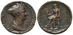 Ancient Coins - SABINE. Ae Protocontorniate Sestertius. AD 128-129. Rome. Vesta seated to left, holding palladium and sceptre.