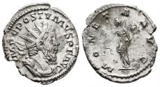 Ancient Coins - POSTUMUS. Ar, Antoninianus. AD 262-263. Treveri. MONETA AVG, Moneta standing facing, holding scales and cornucopiae