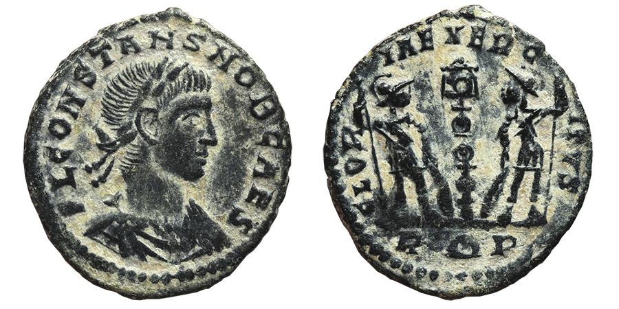 CONSTANS. Ae, Follis. 346-349 AD. Rome mint (R-Crown-P). GLORIA EXERCITVS.  RARE