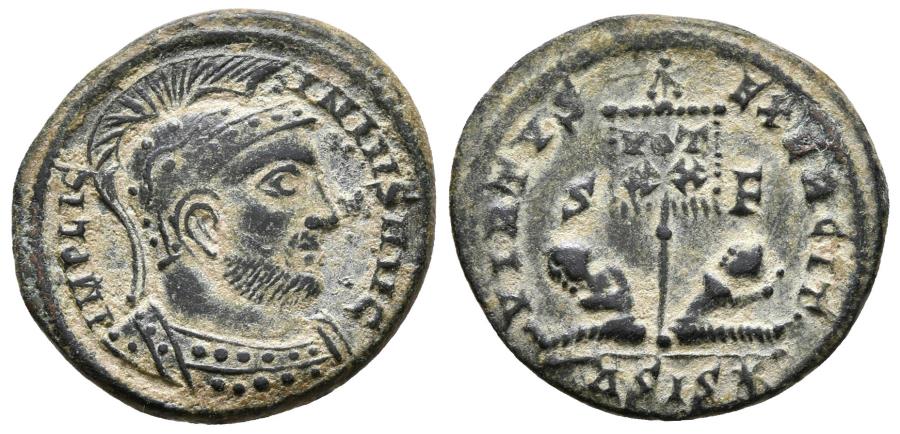 Licinius I Ae Follis 3 Ad Siscia Mint Virtvs Exercit Standard Inscribed Vot Xx In Two Lines Two Bound Captives Rare