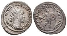 Ancient Coins - TREBONIANUS GALLUS. Ar, Antoninianus. AD 251-253. Antioch. MARTEM PROPVGNATOREM, Mars advancing left, holding spear and shield.