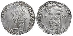 World Coins - NETHERLANDS. Silver Ducat. 1708 Cinquefoil mint. Knight with broadsword & shield.