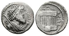 Ancient Coins - KINGS OF NUMIDIA, Juba I. Ar, Denarius. Circa 60-46 BC. Octastyle temple; Punic inscription around.