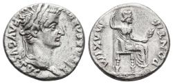 Ancient Coins - TIBERIUS. Ar, Denarius. 13-37 AD. Lugdunum Mint. (Tribute penny). PONTIF MAXIM, Livia seated right, holding branch and sceptre.