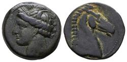 Ancient Coins - CARTHAGE, North Africa. Ae 18mm. Circa 300-264 BC. Tanit and Head of horse to right