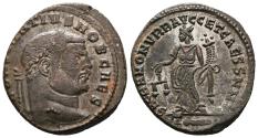 Ancient Coins - CONSTANTIUS I. Ae, Follis. 300-301 AD. Rome, T club. SACRA MON VRB AVGG ET CAESS NN.