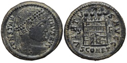 Ancient Coins - CONSTATINE I. Æ, Follis. 307-337 AD. Arles mint. SCONST. Camp-gate with open doors.