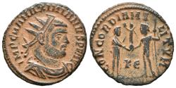 Ancient Coins - MAXIMIANUS HERCULIUS. Ae, Antoninian. AD 295-299. Cyzicus. CONCORDIA MILITVM, emperor standing right receiving Victory on globe from Jupiter, KE in lower centre.