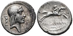 Ancient Coins - C. CALPURNIUS L. F. FRUGI. Ar, Denarius. 67 BC. Rome. Strigil below, C PISO L F FRVG below.