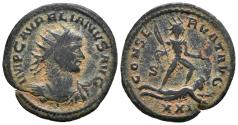 Ancient Coins - AURELIAN. Ae, Antoninianus. AD 274-275. Antioch mint. CONSERVAT AVG, Sol advancing right, holding sceptre and globe, trampling an enemy. EXTREMELY RARE.