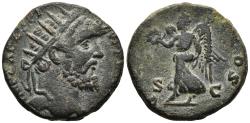 Ancient Coins - SEPTIMIUS SEVERUS. Ae, Dupondius reduced. 193 AD. Rome Mint. VICT (AVG TR P) COS. ; Victory advancing to left, holding wreath and palm
