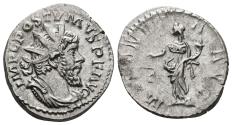 Ancient Coins - POSTUMUS. Ar, Antoninianus. AD 262-263. Treveri. MONETA AVG, Moneta standing facing, holding scales and cornucopiae