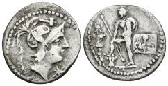 Ancient Coins - C. POBLICIUS MALLEILUS. AR, Denarius. 96 BC. Rome. Helmeted head of Mars right; mallet (malleolus) / Warrior standing left before trophy.