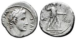 Ancient Coins - AUGUSTUS. Ar, Denarius. 10 BC. Lugdunum mint. Diana Venatrix (I)MP-XII across fields, SICIL. Very rare