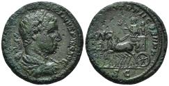 Ancient Coins - Elagabal. AE, As. 218-222 AD. Roma. PONTIF MAX TR P II COS II P P. Emperor holding branch and sceptre, driving quadriga. VERY RARE