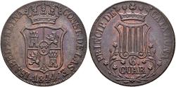 World Coins - SPAIN. Isabel II. 6 Cuartos. 1844. Barcelona. 5 Petal flowers. (Catalonia). Cal-693.