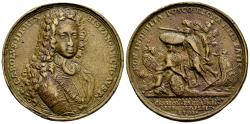 World Coins - Archduke Charles of Austria. Ae, Medal. Date 1703. Anglo-Dutch fleet disembarking for the conquest of Hispania, it is defeated on the ground with the shield of the empire and a ha