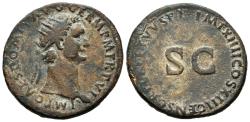 Ancient Coins - DOMITIAN. Ae, Dupondius. AD 87. Rome. SC, arround IMP XIIII COS XIII CENSOR PERPETVVS P P. VERY RARE.